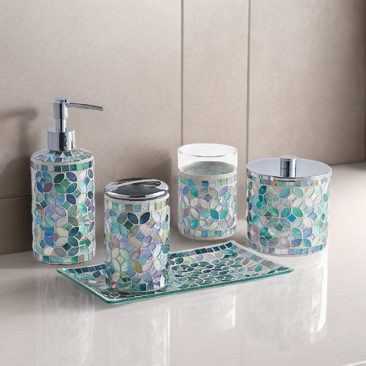 Dovecove Glass bathroom accessory set with decorative pressed pattern